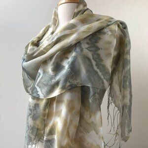 Artist Made Lightweight Tie Dye Scarf with Fringe, Silk and Rayon